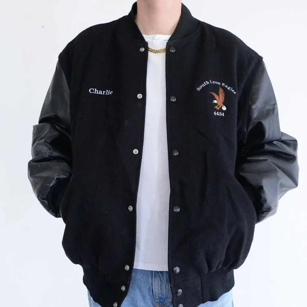 VTG Holloway Black Embroidered S Line Eagles Leather & Wool Varsity Bomber Coat